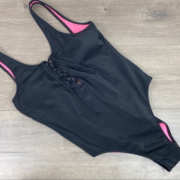 Pink Victoria’s Secret Black Tie Front One Piece Swimsuit Sz.S - Picture 2 of 13